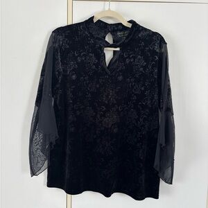 Whimsigoth Vamp Witchy Burn-out Velvet Floral Keyhole Blouse Black Bell Sleeves